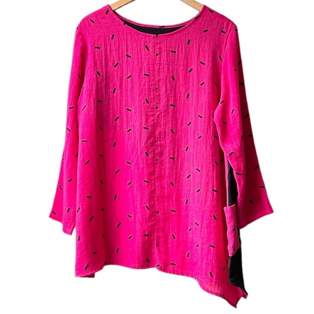 Fridaze Linen Lagenlook Asymmetrical Pink Black Dot Blouse Pullover Tunic Sz M